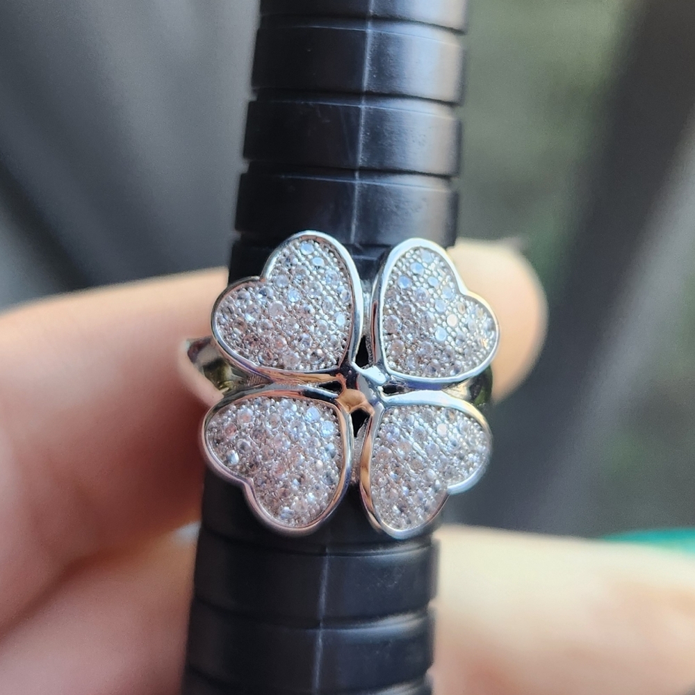 Handmade Sterling Silver 925 CZ Heart Shaped 4 Leaf Clover Ring Size 6.75 - Picture 8 of 9